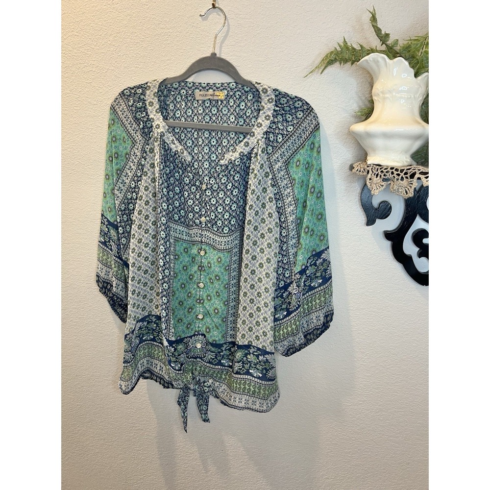 Figueroa & Flower Blue Green Sheer Boho Paisley Tie Hem Blouse Sz XL Coastal